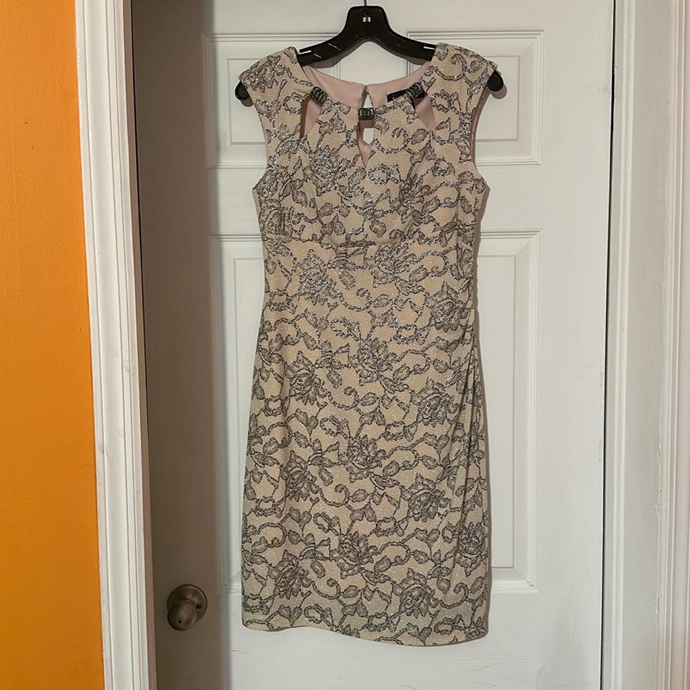 Blush cocktail dress with black/silver floral print, size 6